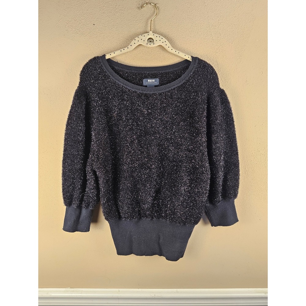 Maeve Anthropologie Womens Black Pamela Tinsel Metallic Knit Sweater Small